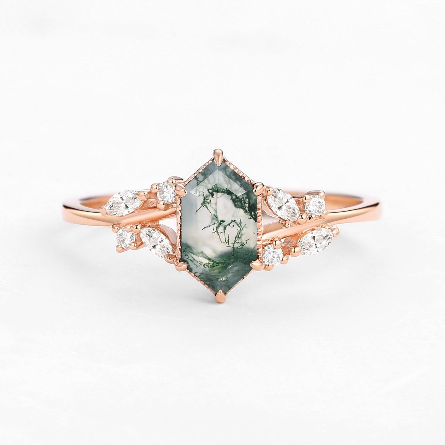 Forest Hex | Vintage Hexagon Moss Agate Leafy Engagement Ring.
