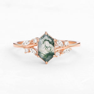 Forest Hex | Vintage Hexagon Moss Agate Leafy Engagement Ring.