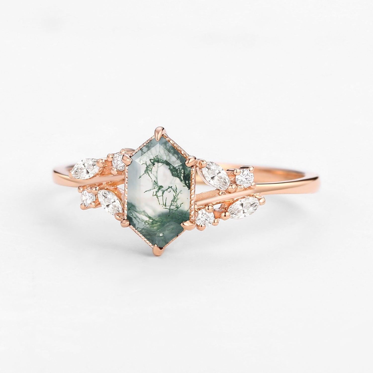 Forest Hex | Vintage Hexagon Moss Agate Leafy Engagement Ring.