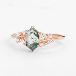 Forest Hex | Vintage Hexagon Moss Agate Leafy Engagement Ring.
