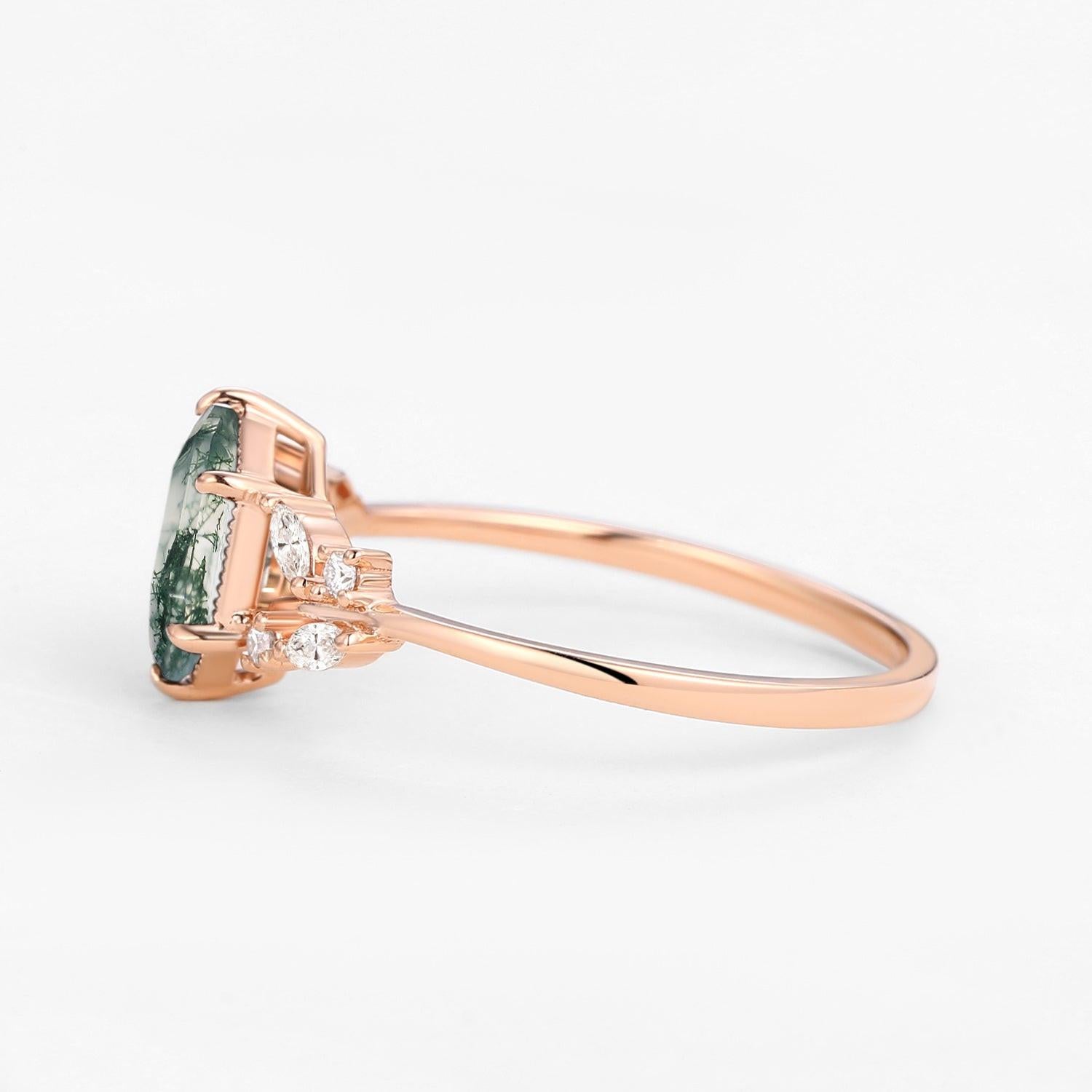 Forest Hex | Vintage Hexagon Moss Agate Leafy Engagement Ring.