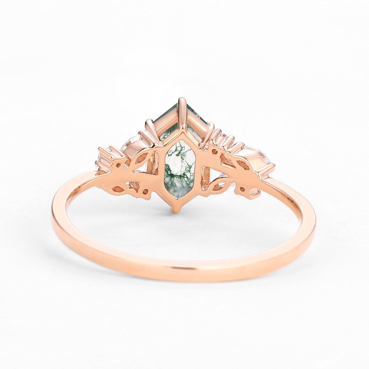 Forest Hex | Vintage Hexagon Moss Agate Leafy Engagement Ring.