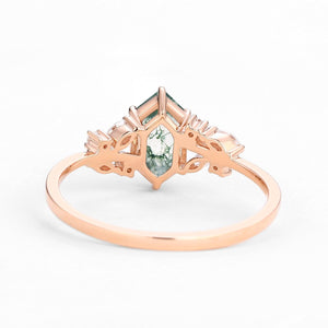 Forest Hex | Vintage Hexagon Moss Agate Leafy Engagement Ring.