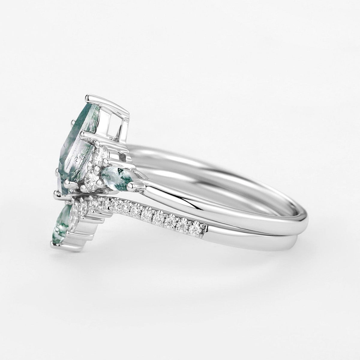 Cecilia’s Trine | Kite Cut Green Moss Agate Three Stone Bridal Set 2pcs.