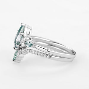 Cecilia’s Trine | Kite Cut Green Moss Agate Three Stone Bridal Set 2pcs.