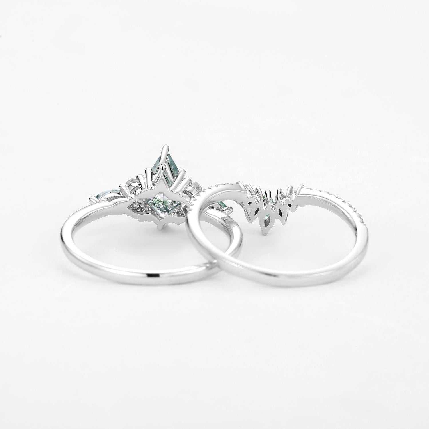 Cecilia’s Trine | Kite Cut Green Moss Agate Three Stone Bridal Set 2pcs.