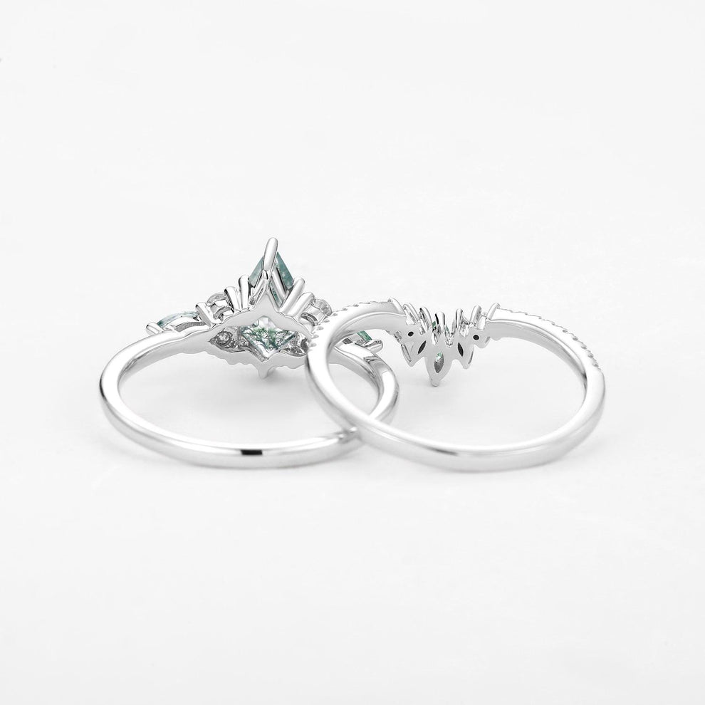 Cecilia’s Trine | Kite Cut Green Moss Agate Three Stone Bridal Set 2pcs.