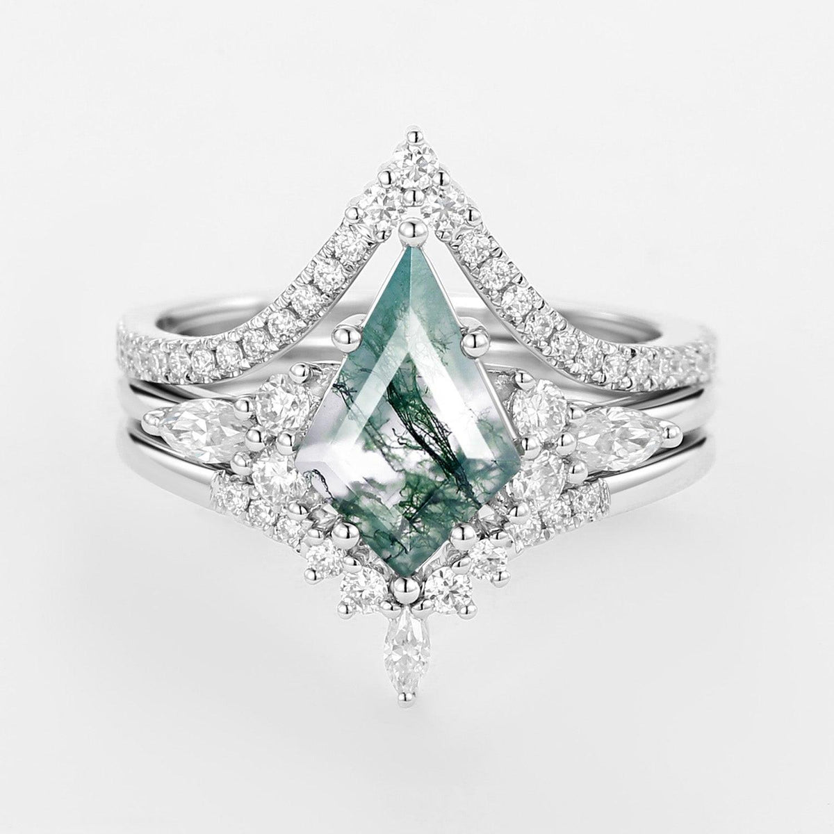 Kite Cut Green Moss Agate Engagement Ring Set 3pcs.