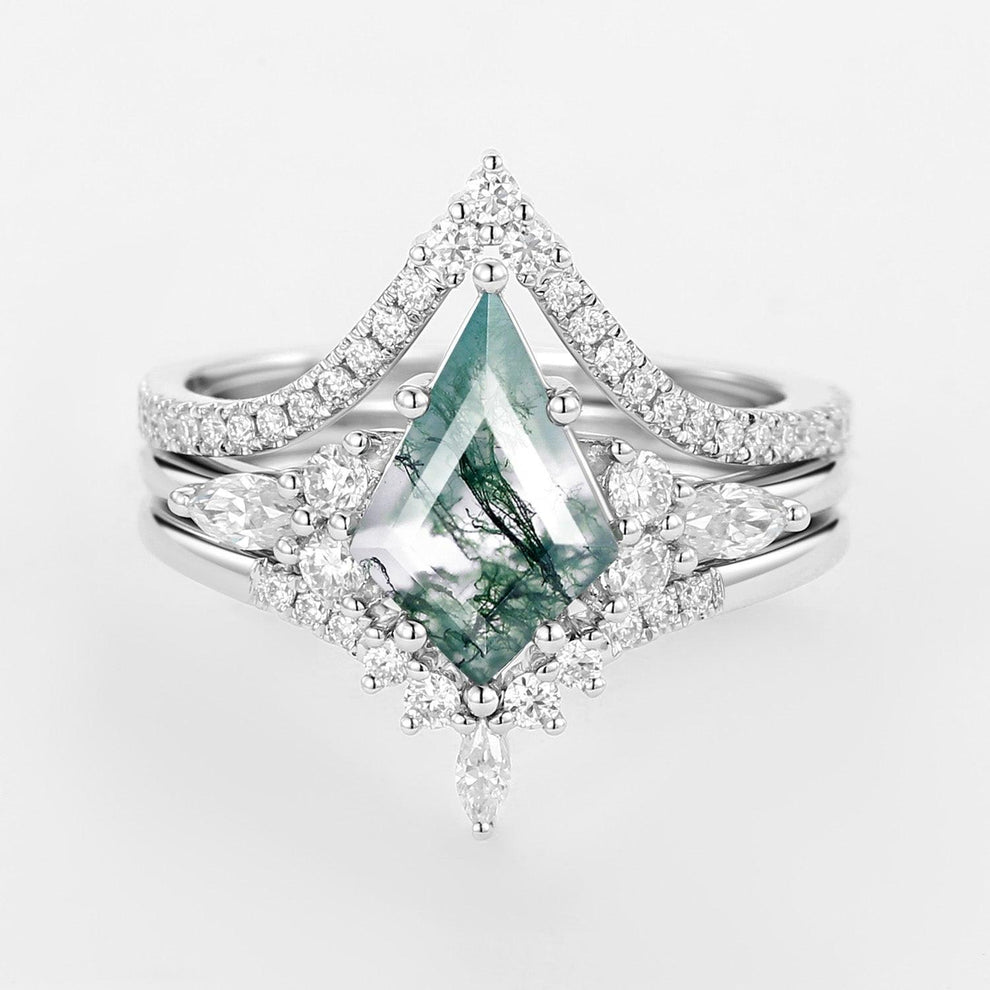 Kite Cut Green Moss Agate Engagement Ring Set 3pcs.