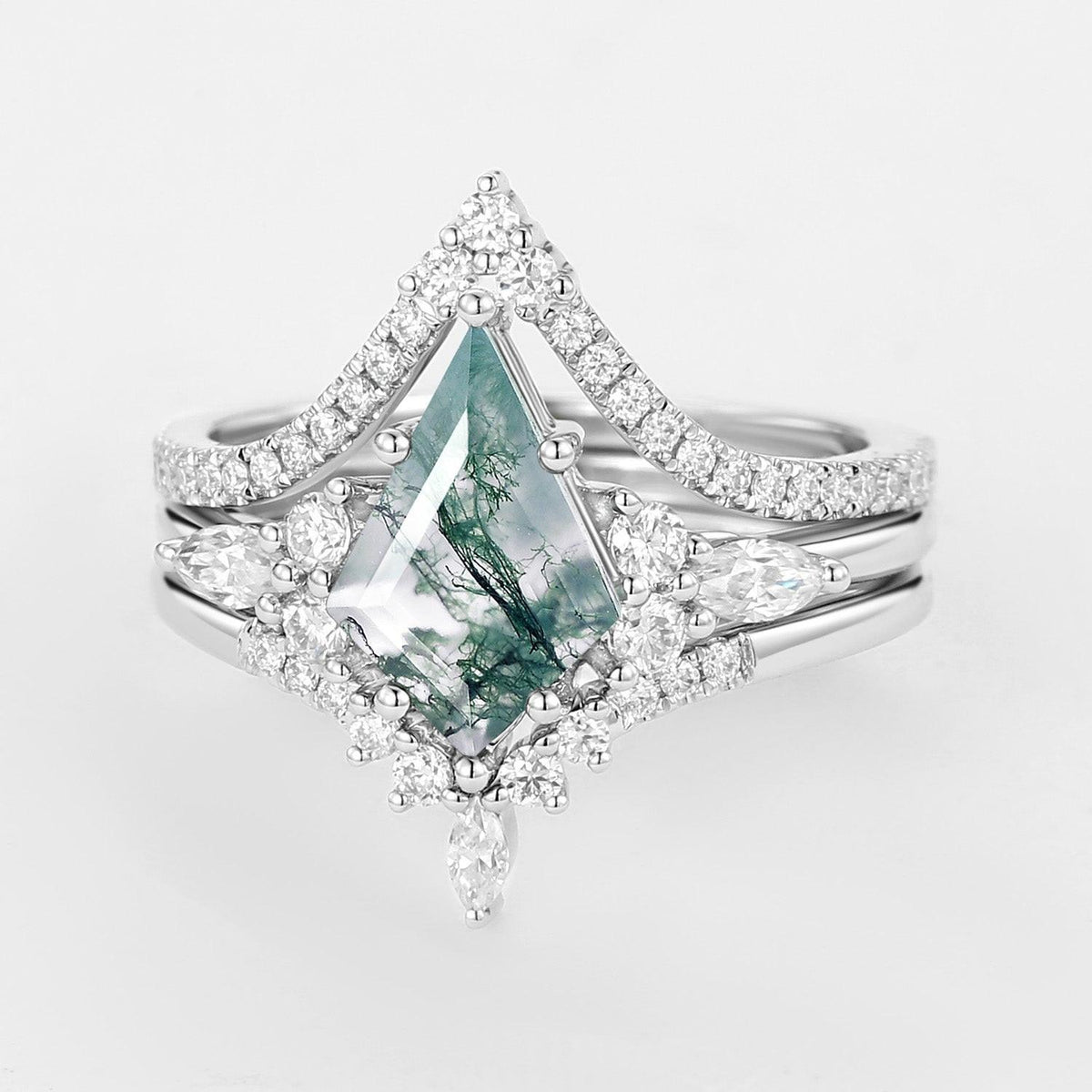 Kite Cut Green Moss Agate Engagement Ring Set 3pcs.