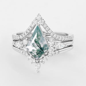 Kite Cut Green Moss Agate Engagement Ring Set 3pcs.