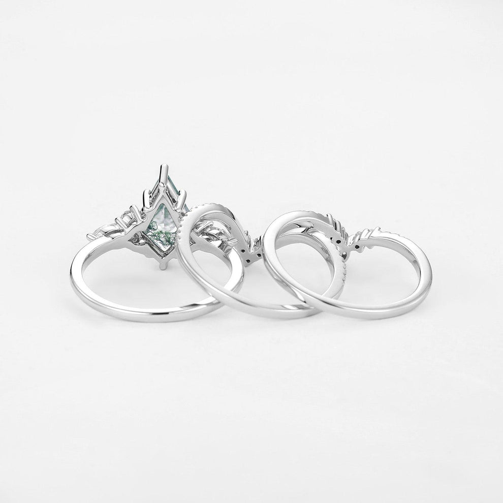 Kite Cut Green Moss Agate Engagement Ring Set 3pcs.