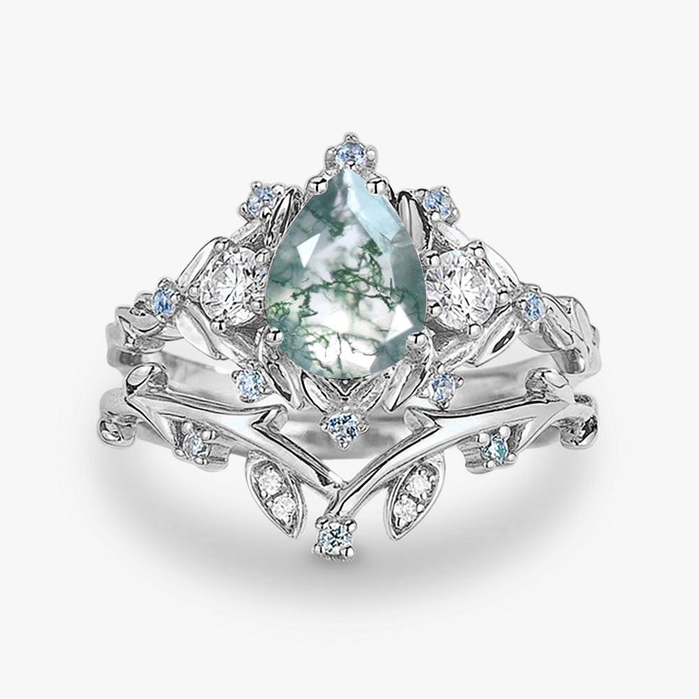 Pear Shaped Moss Agate & Blue Topaz Leafy Ring Set 2pcs.