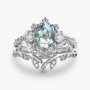 Pear Shaped Moss Agate & Blue Topaz Leafy Ring Set 2pcs.