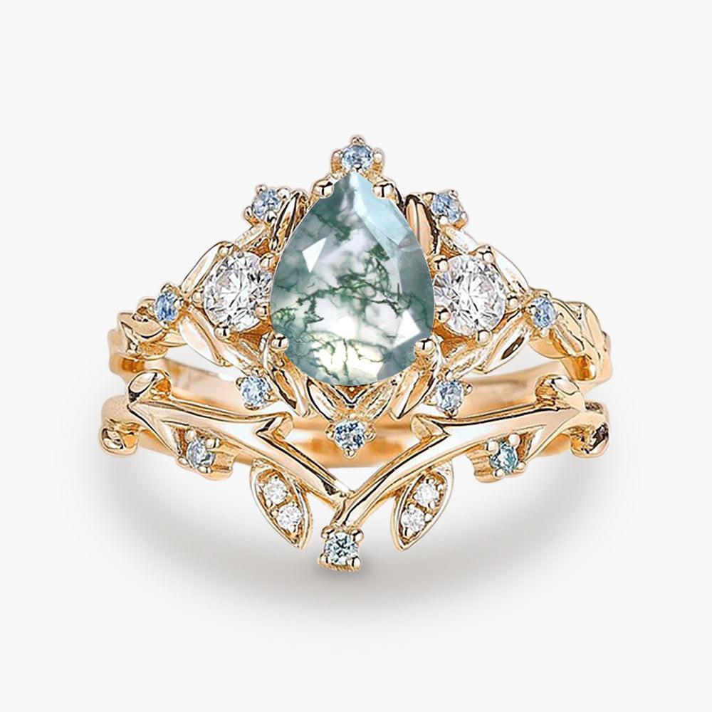 Pear Shaped Moss Agate & Blue Topaz Leafy Ring Set 2pcs.