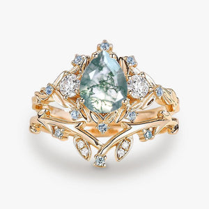 Pear Shaped Moss Agate & Blue Topaz Leafy Ring Set 2pcs.