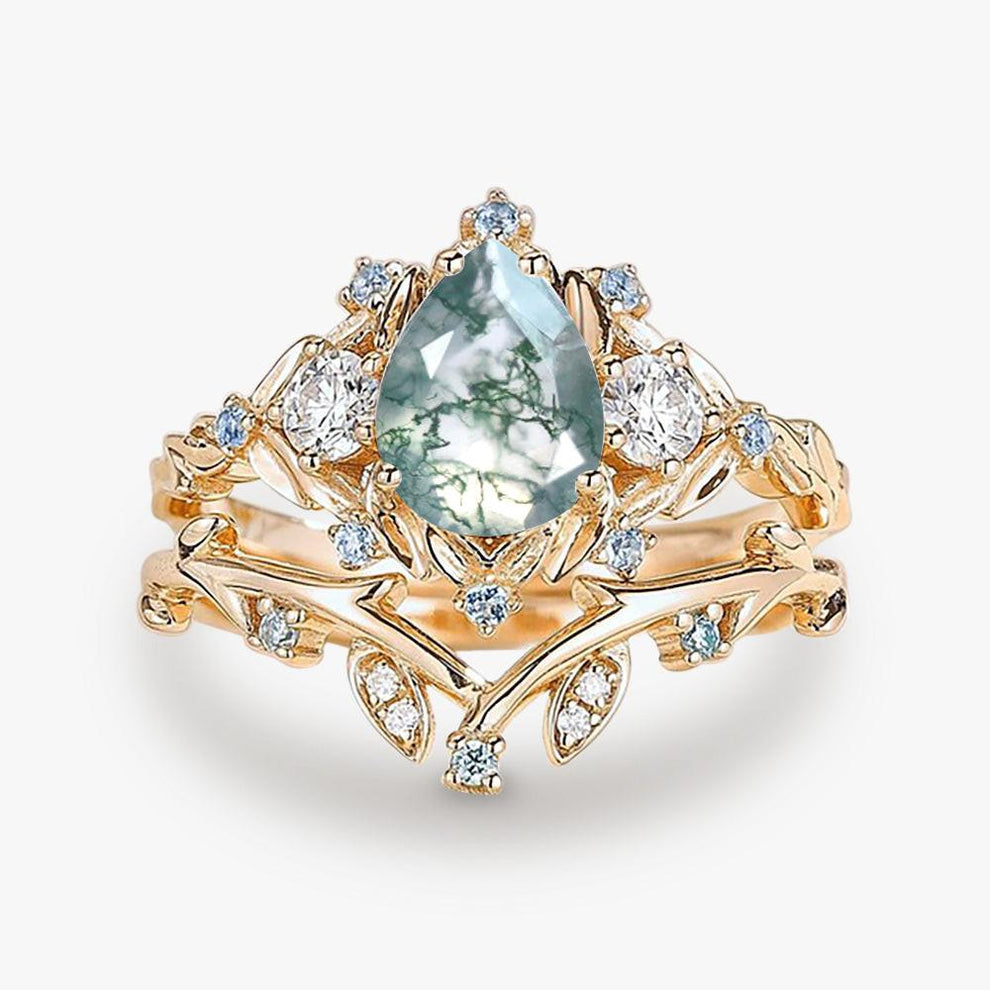 Pear Shaped Moss Agate & Blue Topaz Leafy Ring Set 2pcs.