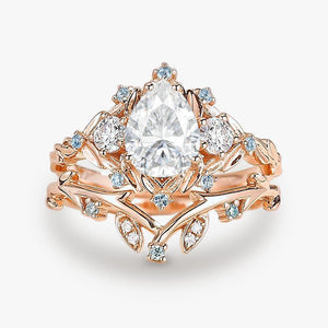 Pear Shaped Moss Agate & Blue Topaz Leafy Ring Set 2pcs.