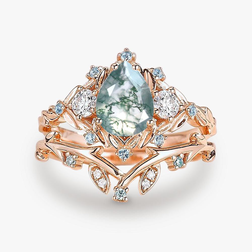 Pear Shaped Moss Agate & Blue Topaz Leafy Ring Set 2pcs.