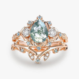 Pear Shaped Moss Agate & Blue Topaz Leafy Ring Set 2pcs.