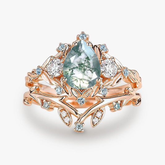 Pear Shaped Moss Agate & Blue Topaz Leafy Ring Set 2pcs.