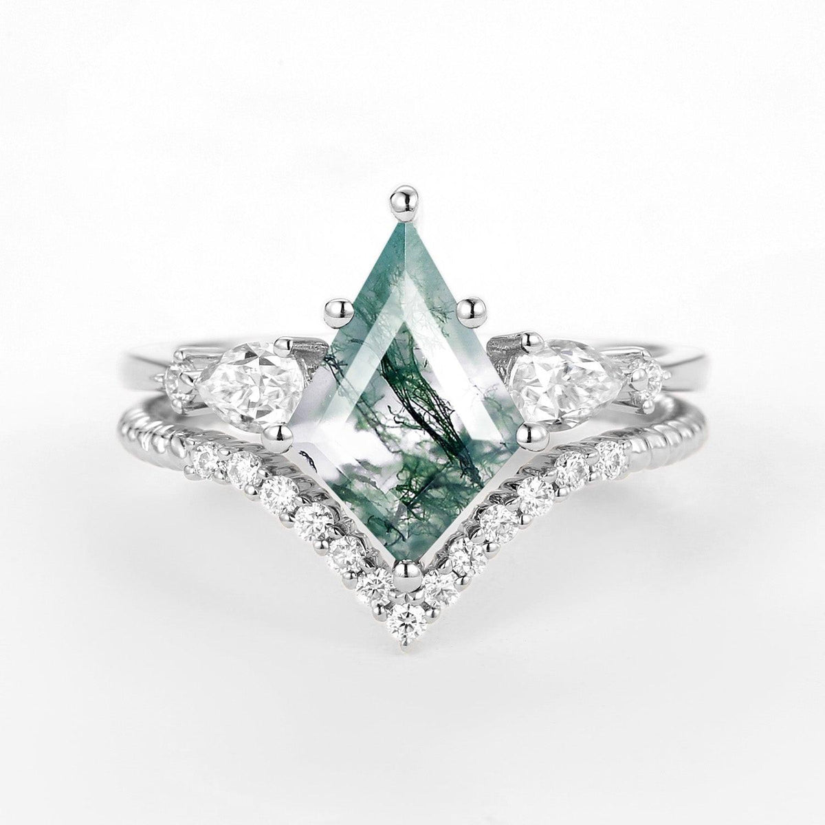 Delilah Kite Moss Agate Three Stones Engagement Ring Set 2pcs.