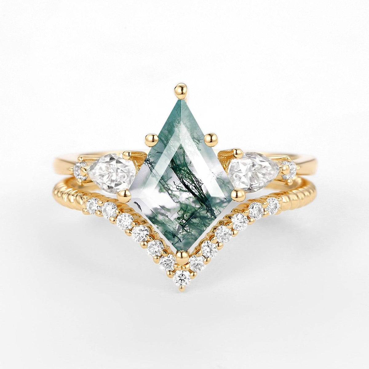 Delilah Kite Moss Agate Three Stones Engagement Ring Set 2pcs.