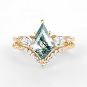 Delilah Kite Moss Agate Three Stones Engagement Ring Set 2pcs.