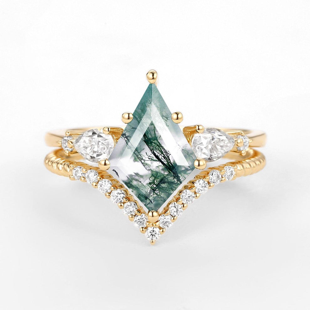 Delilah Kite Moss Agate Three Stones Engagement Ring Set 2pcs.