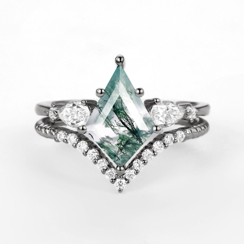 Delilah Kite Moss Agate Three Stones Engagement Ring Set 2pcs.