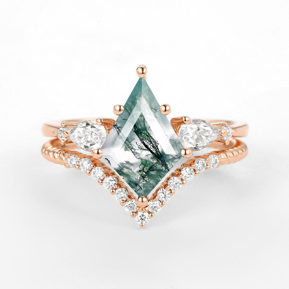 Delilah Kite Moss Agate Three Stones Engagement Ring Set 2pcs.