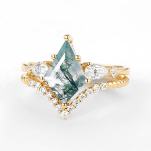 Delilah Kite Moss Agate Three Stones Engagement Ring Set 2pcs.