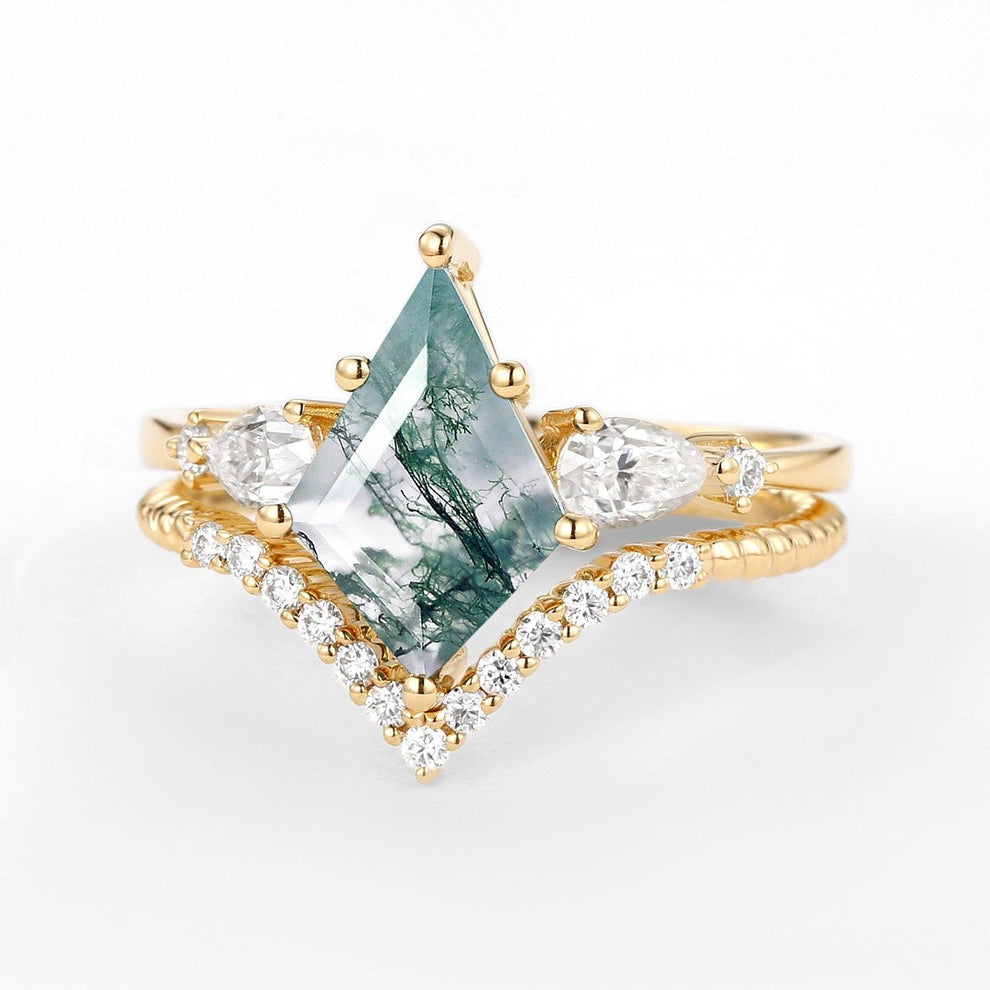 Delilah Kite Moss Agate Three Stones Engagement Ring Set 2pcs.