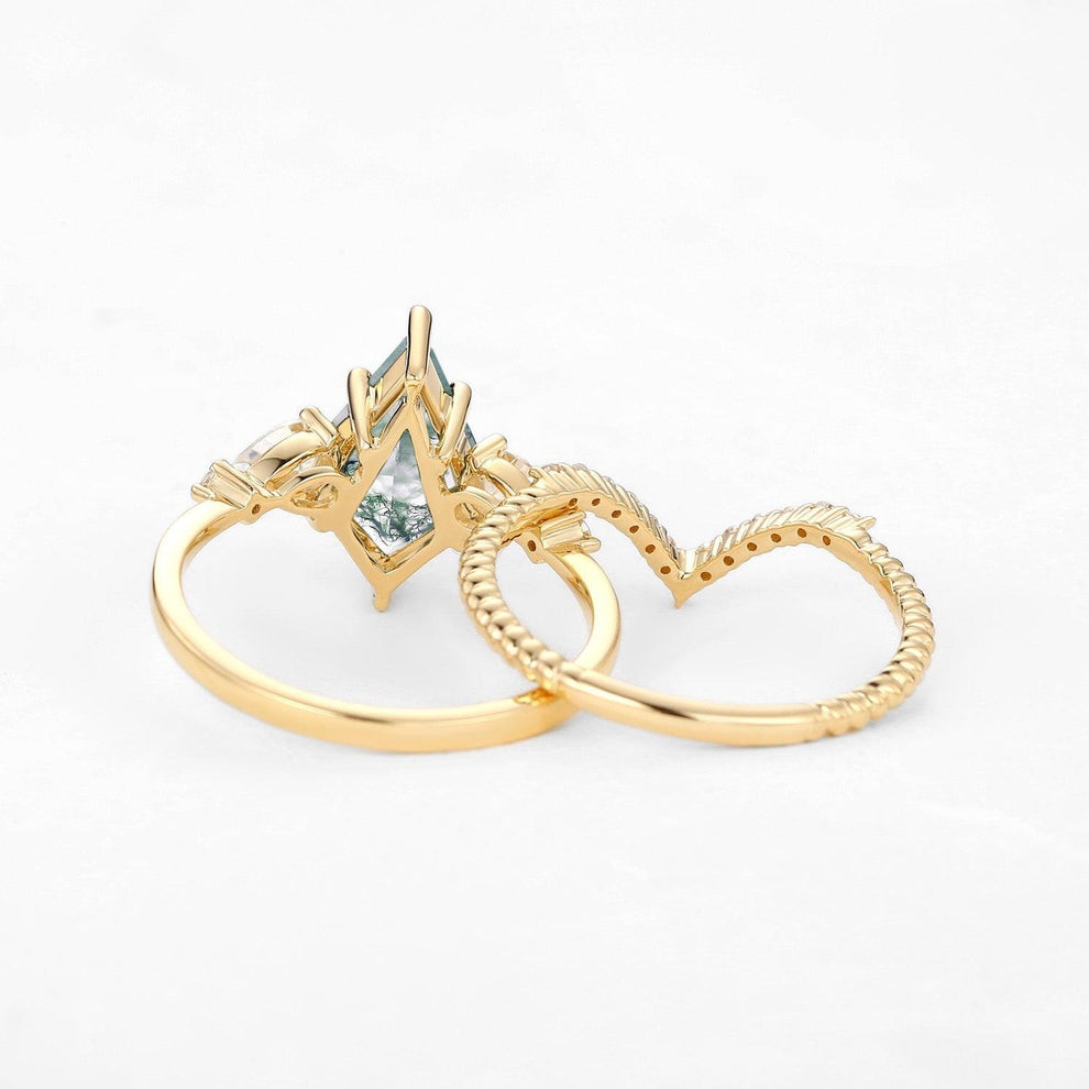 Delilah Kite Moss Agate Three Stones Engagement Ring Set 2pcs.