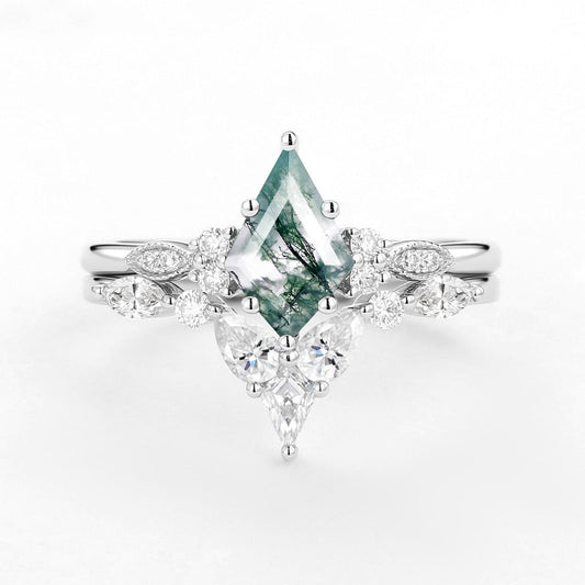 Moss Agate White Gold Engagement Ring Set 2pcs.