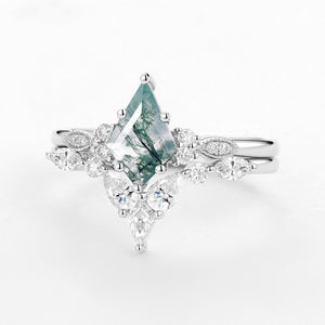 Moss Agate White Gold Engagement Ring Set 2pcs