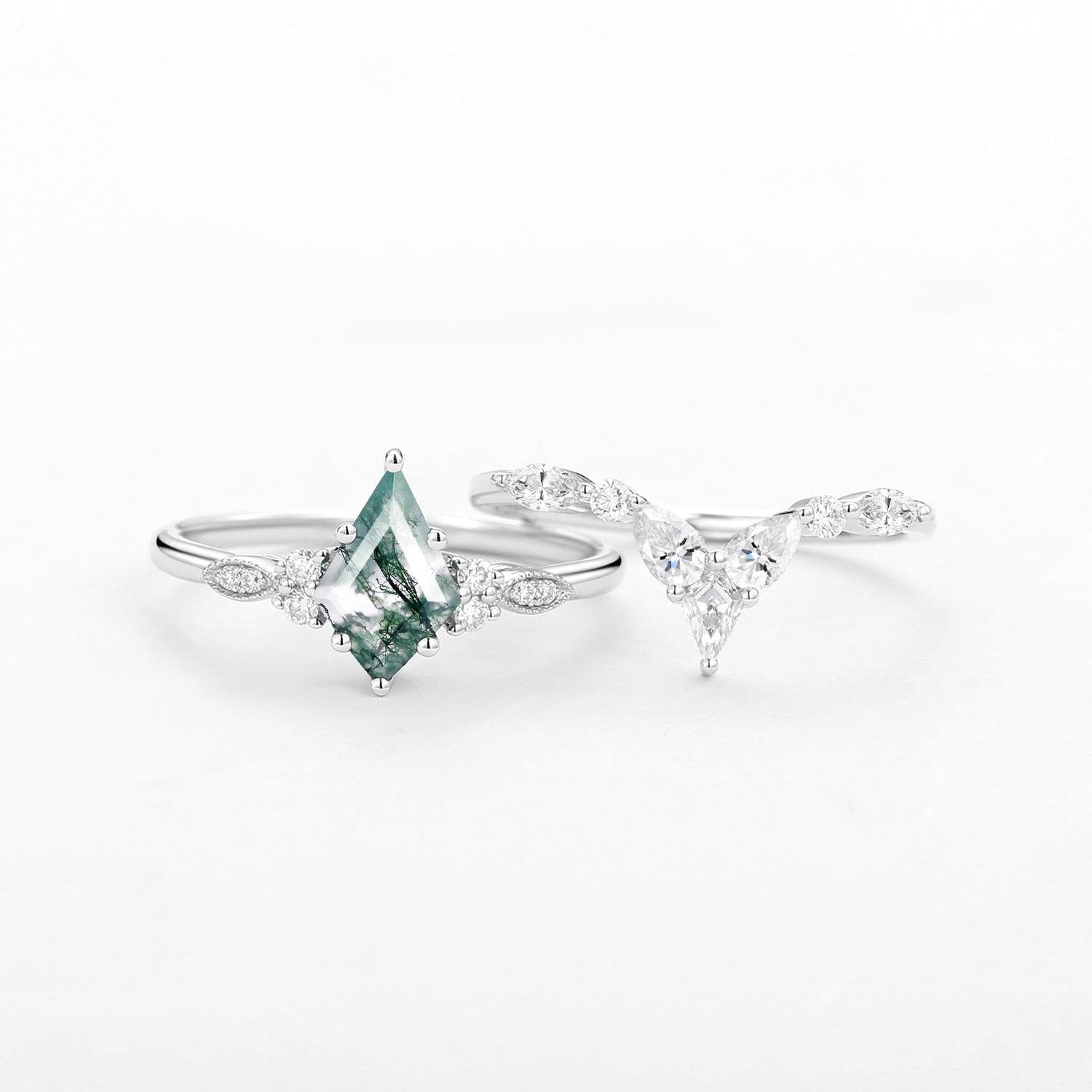 Moss Agate White Gold Engagement Ring Set 2pcs