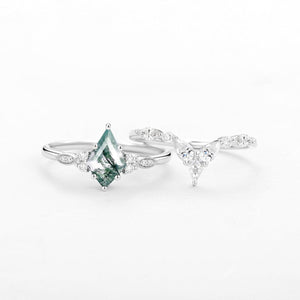 Moss Agate White Gold Engagement Ring Set 2pcs