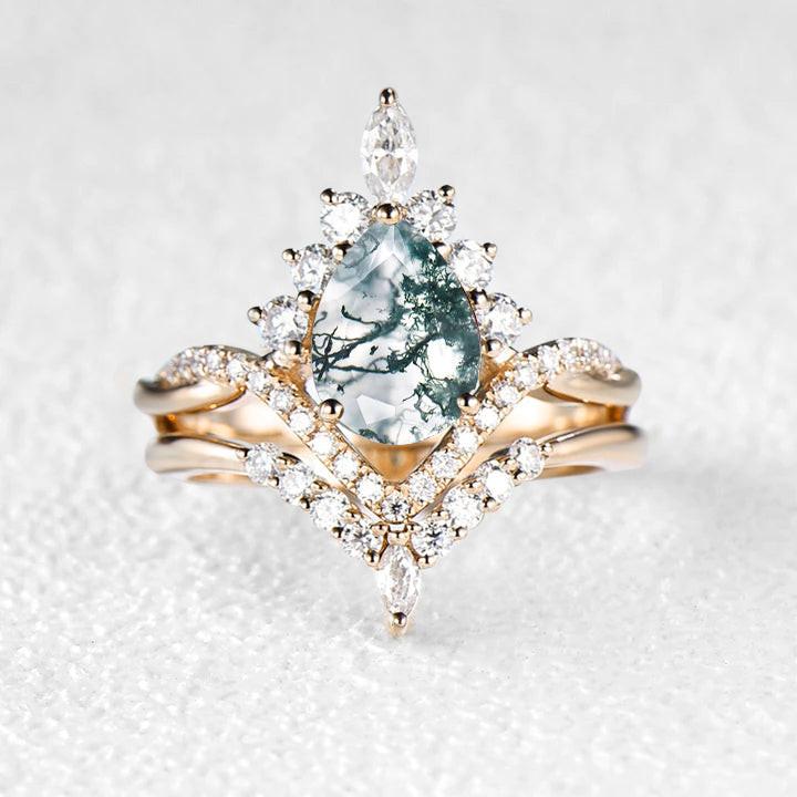 Pear Shaped Moss Agate Infinity Engagement Ring Set 2pcs.