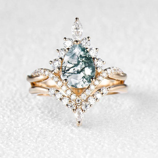 Pear Shaped Moss Agate Infinity Engagement Ring Set 2pcs.
