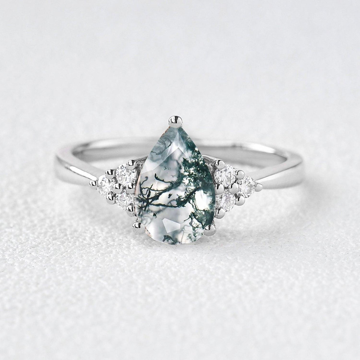 Sylvie’s Dew | Classic Pear Moss Agate Ring with Diamond Accents.