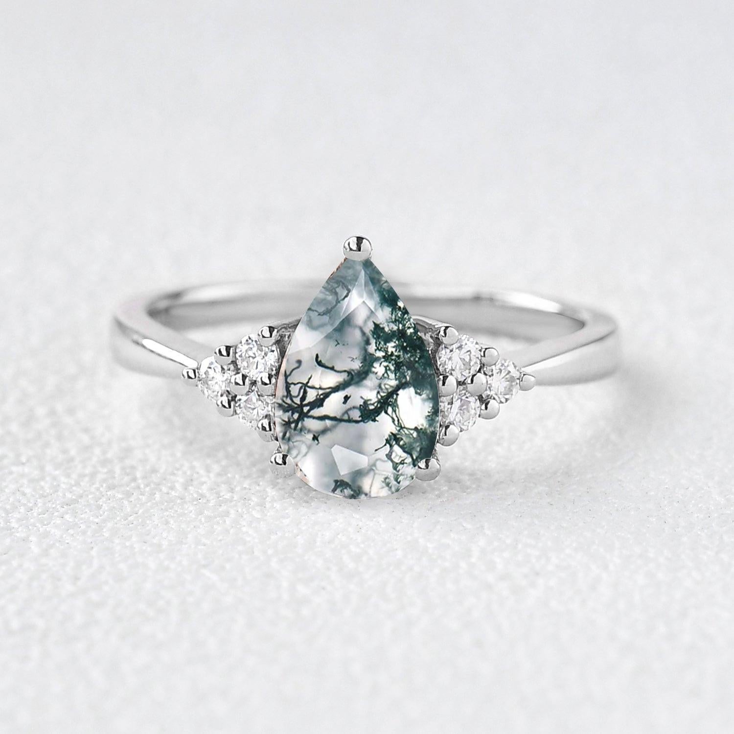 Sylvie’s Dew | Classic Pear Moss Agate Ring with Diamond Accents.