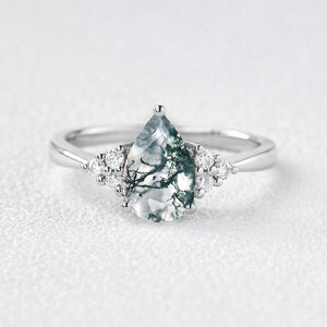 Sylvie’s Dew | Classic Pear Moss Agate Ring with Diamond Accents.