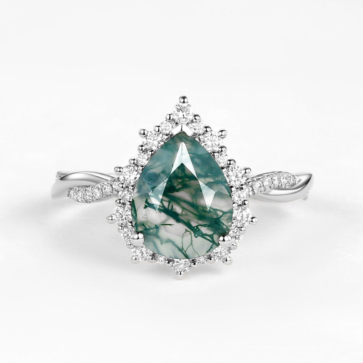Unique Pear Shaped Moss Agate Infinity Engagement Ring.