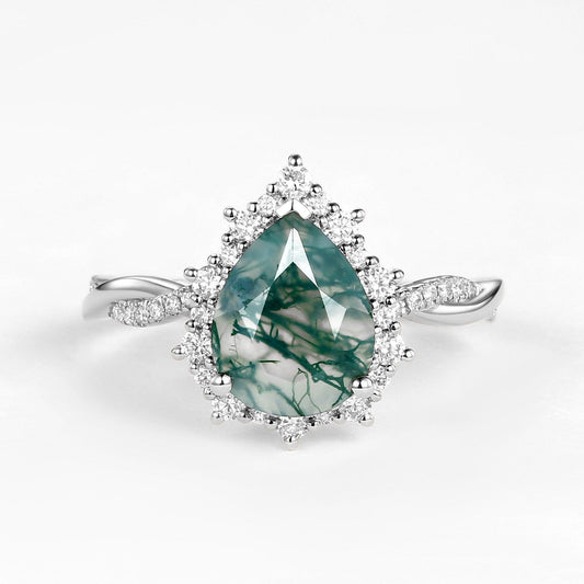 Unique Pear Shaped Moss Agate Infinity Engagement Ring.