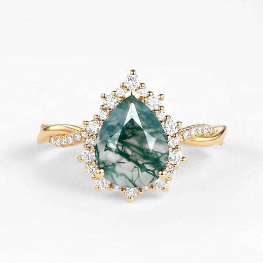 Unique Pear Shaped Moss Agate Infinity Engagement Ring.