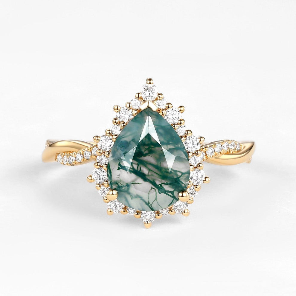 Unique Pear Shaped Moss Agate Infinity Engagement Ring.