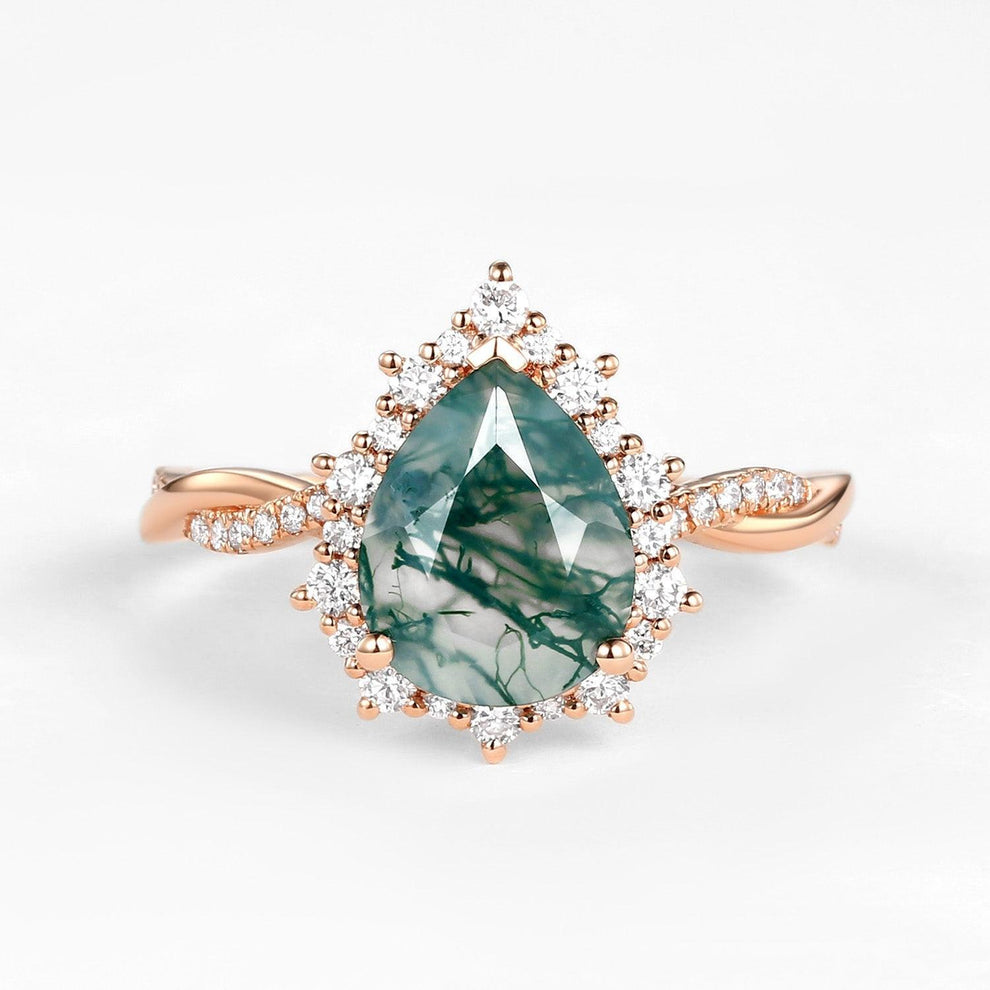 Unique Pear Shaped Moss Agate Infinity Engagement Ring.
