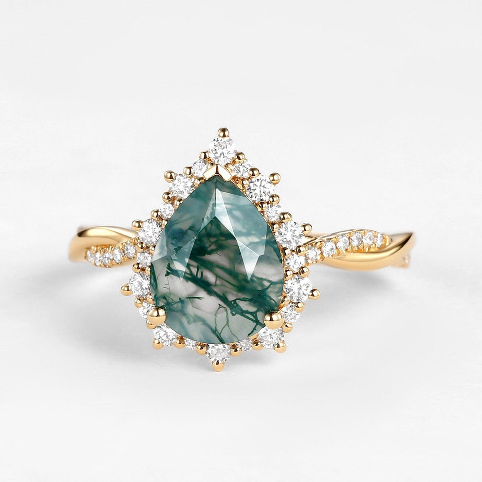 Unique Pear Shaped Moss Agate Infinity Engagement Ring.