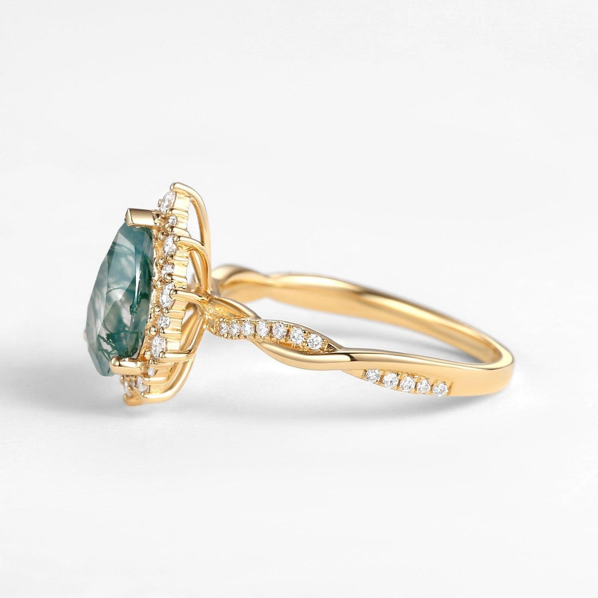 Unique Pear Shaped Moss Agate Infinity Engagement Ring.